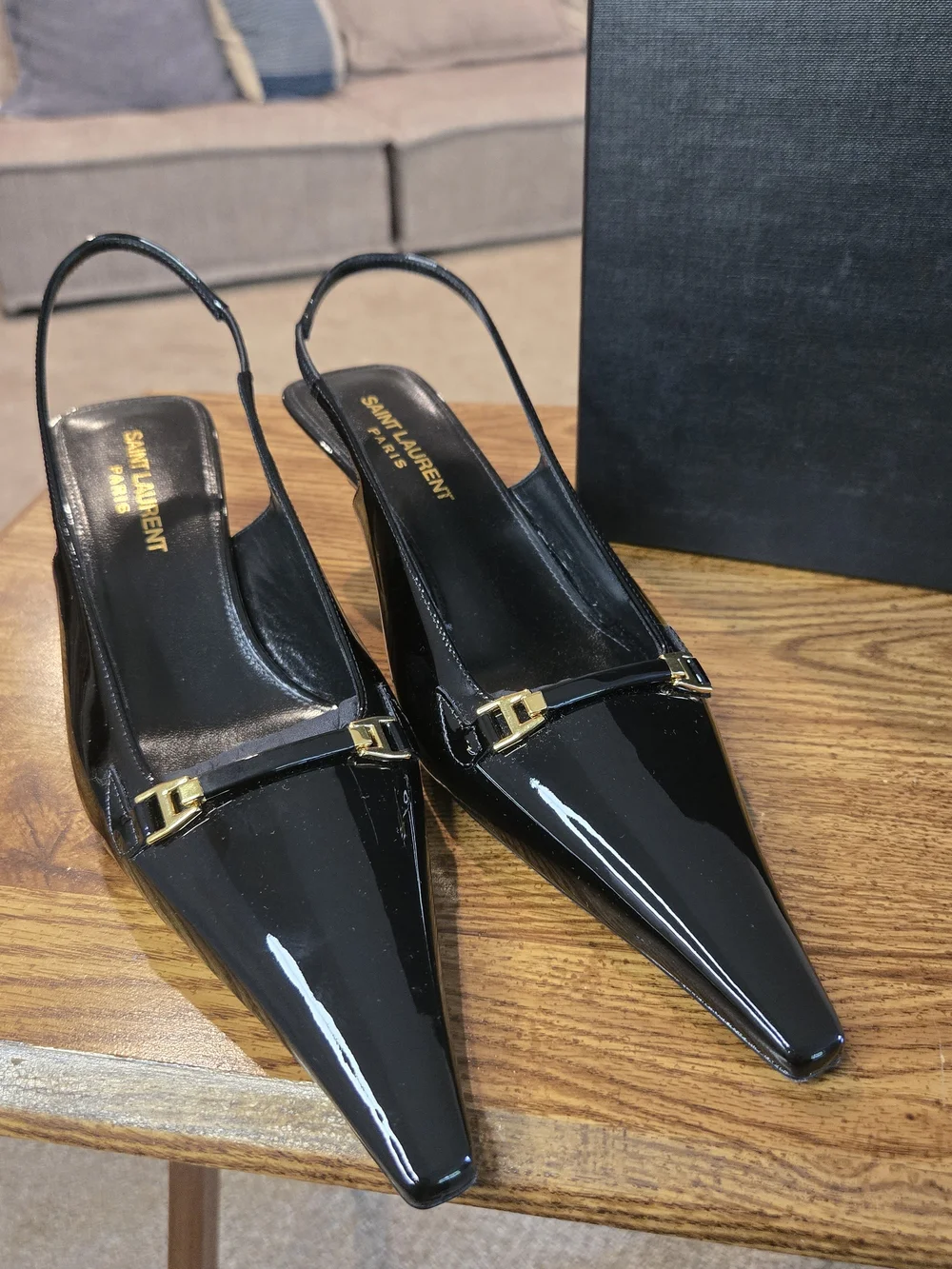 Saint Laurent Black Patent Slingback Pumps with Gold Accent - Picture 9 of 11